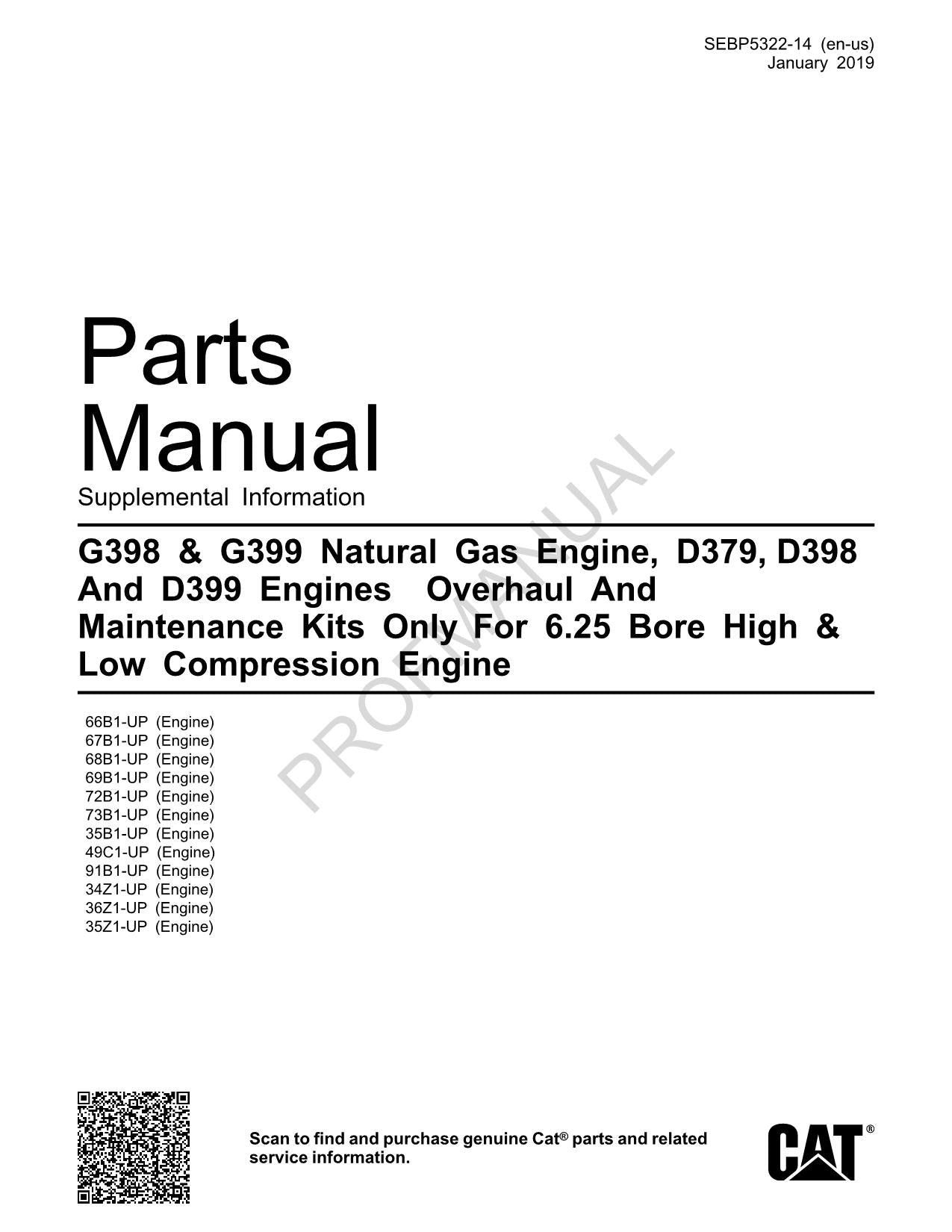 Caterpillar Cat G398 G399 Natural Gas D379 D398 D399 Engine Parts Catalog Manual
