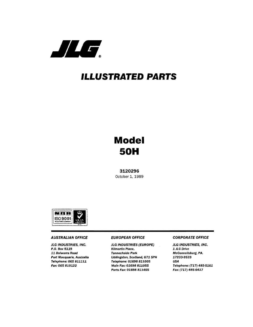 JLG 50H Boom Lift Parts Catalog Manual