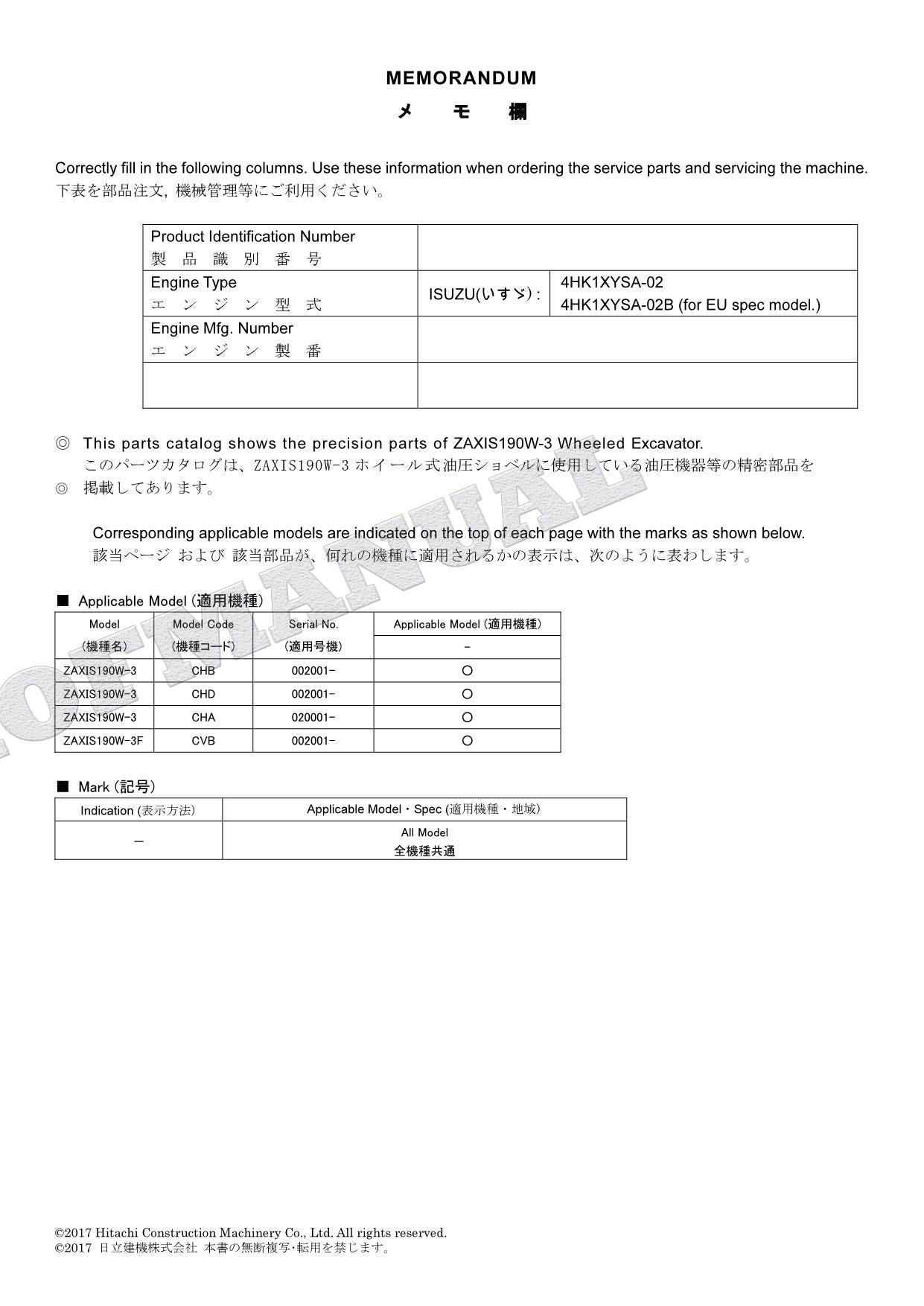 HITACHI ZAXIS ZX190W-3 Equipment Component Excavator Parts Catalog Manual