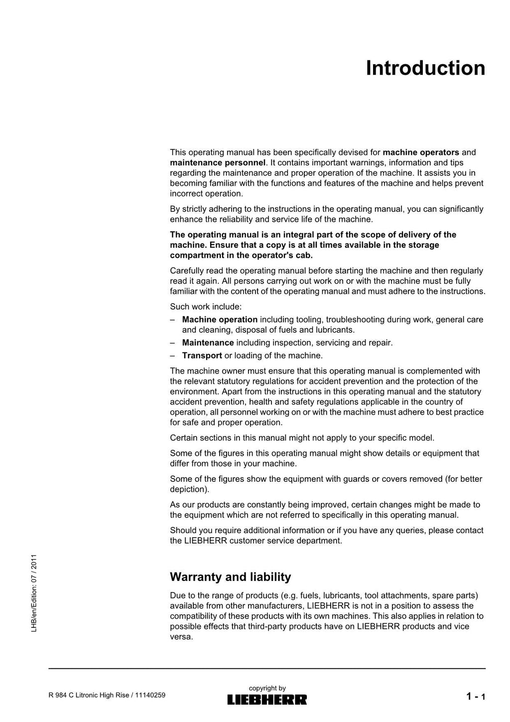Liebherr R984 C Litronic High Rise Excavator Operators manual