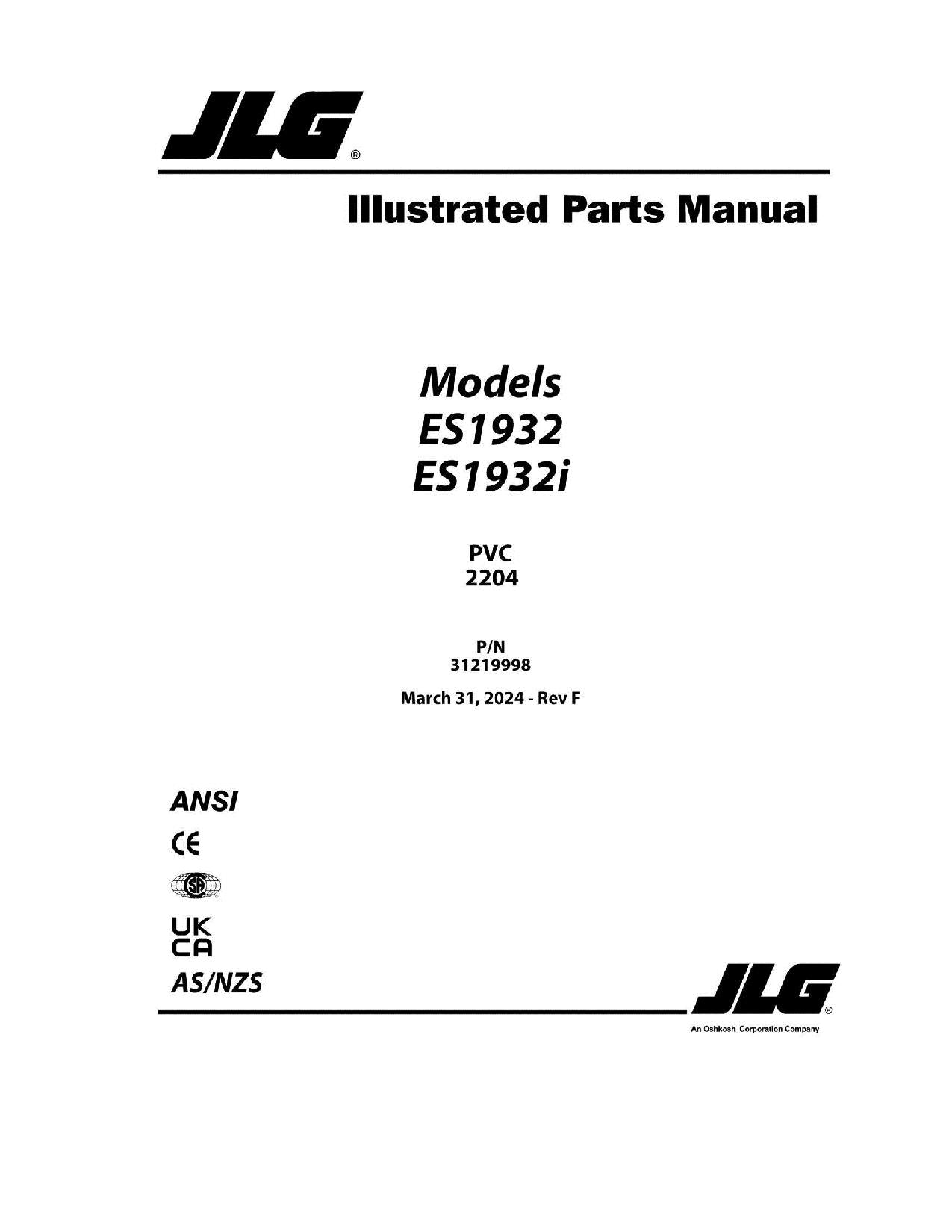 Catálogo de piezas del elevador de tijera JLG ES1932 ES1932i Manual 31219998