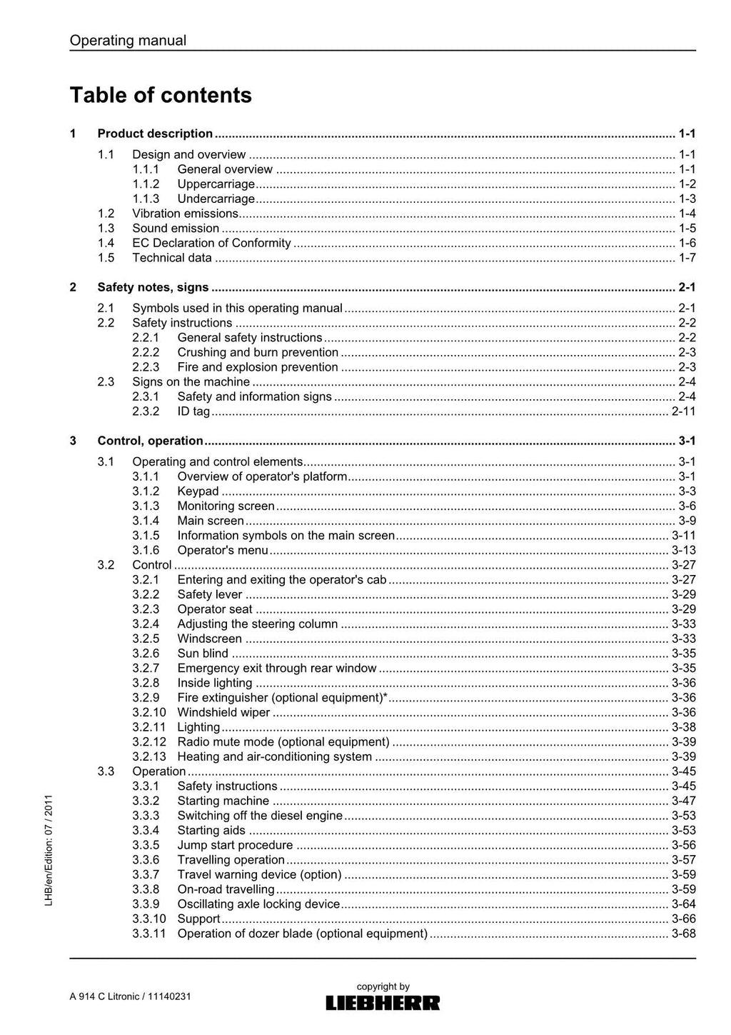 Liebherr A914 C Litronic Excavator Operators manual