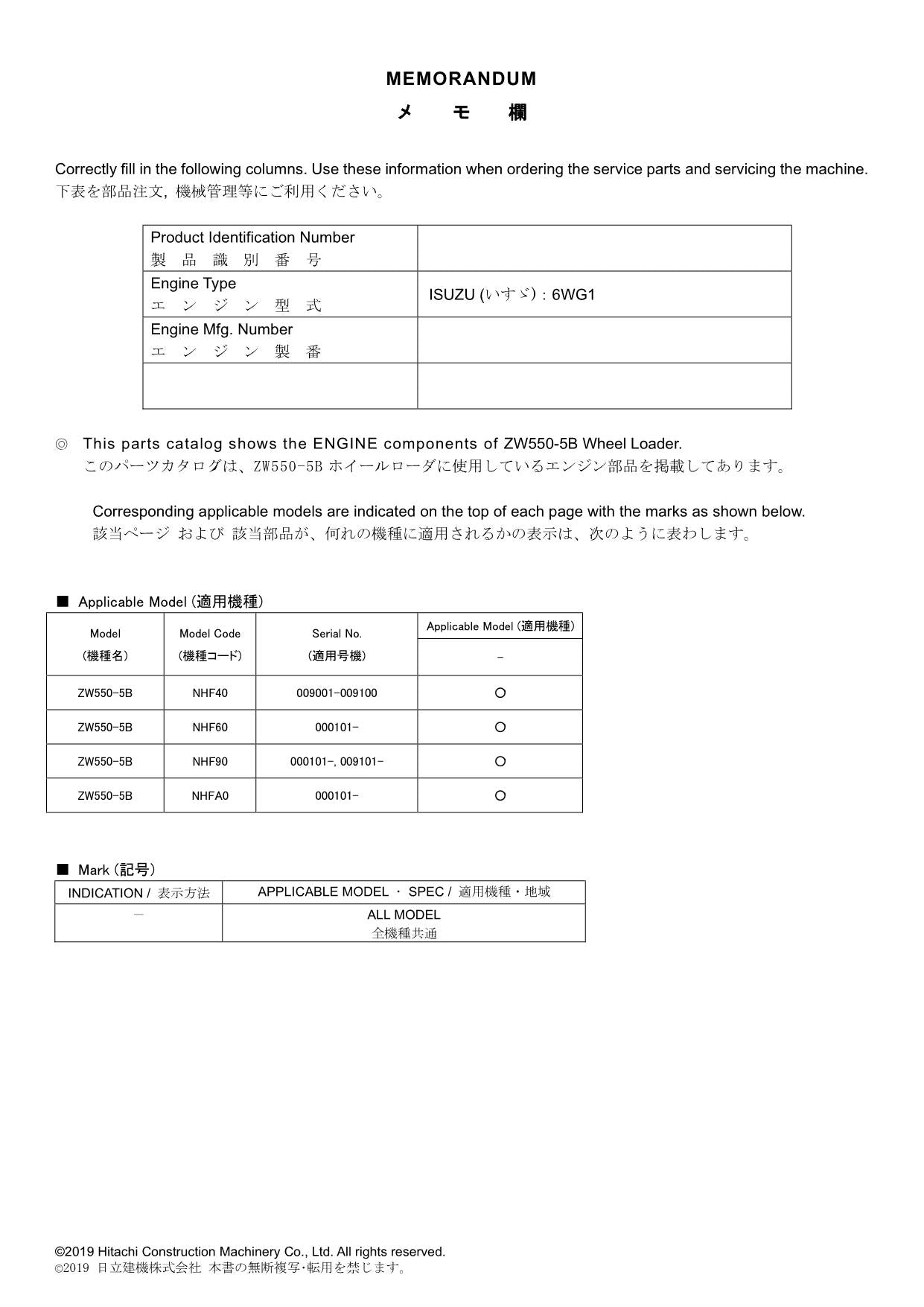 Hitachi ZW550-5B ISUZU 6WG1 Engine Wheel Loader Parts Catalog Manual
