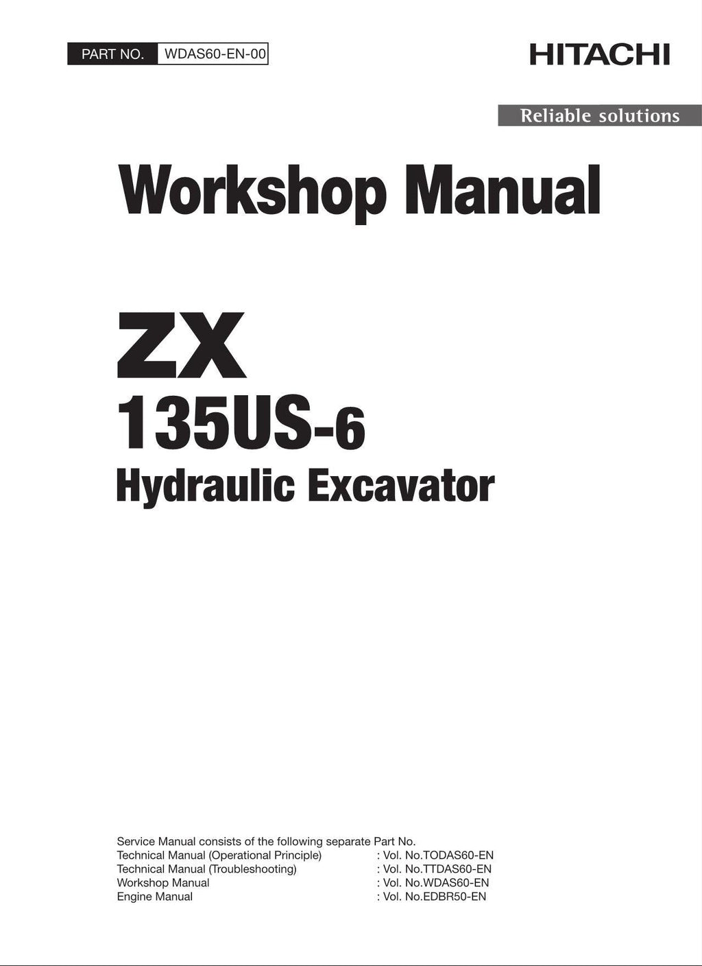 HITACHI ZAXIS ZX135US-6 Excavator Workshop Service Manual WDAS60-EN-00
