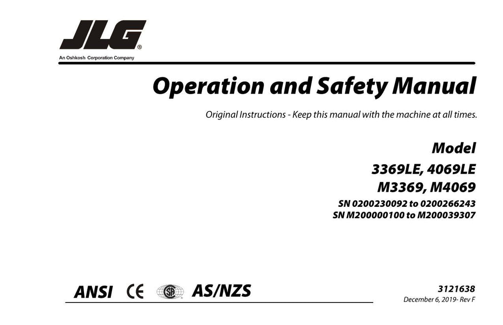 JLG 3369LE 4069LE M3369 M4069 Scissor Lift Operators Manual 3121638