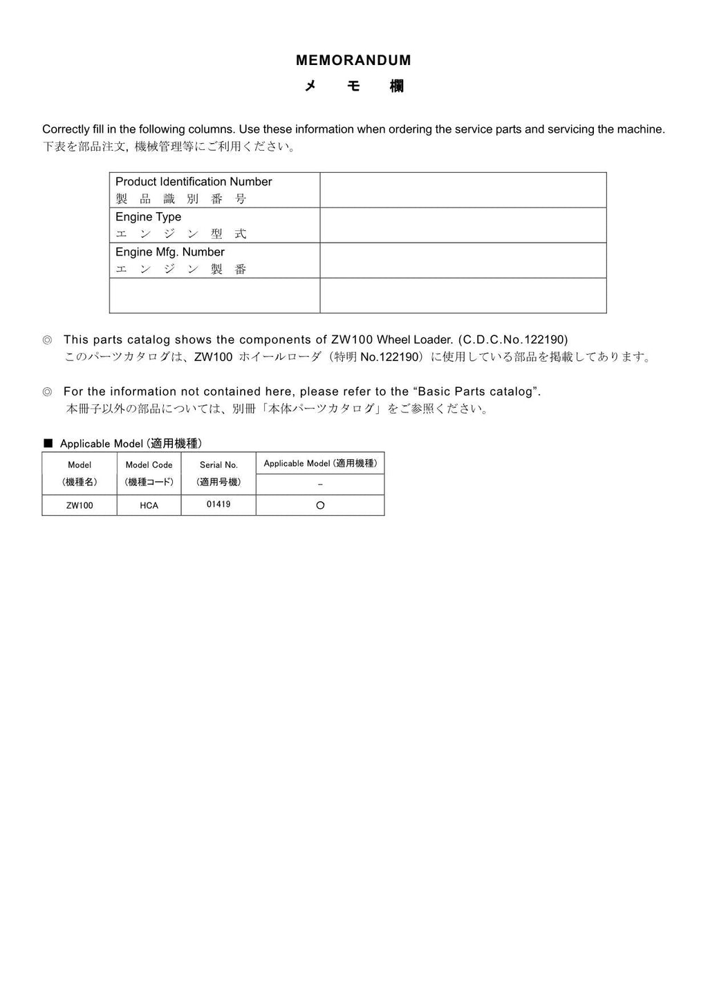 Hitachi ZW100 No.122190 Wheel Loader Parts Catalog Manual SN 01419