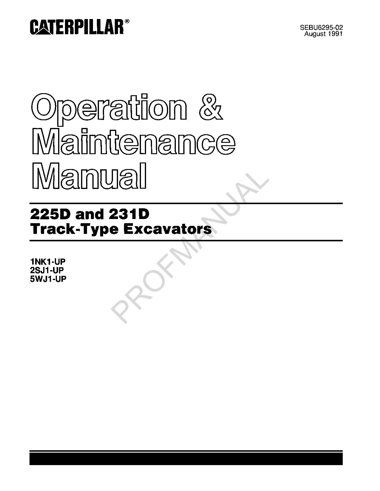 Caterpillar Cat 225D 231D Track Type Excavator OPERATORS MAINTENANCE MANUAL