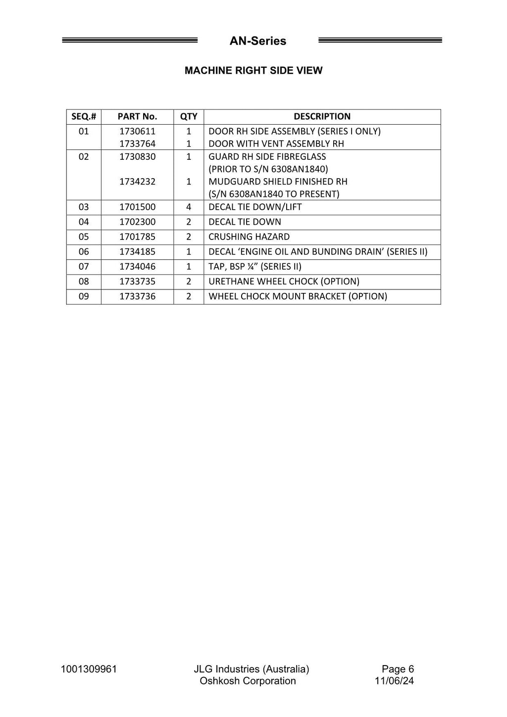 JLG 6308AN 6308AN-6 8308AN 9308AN Series Lighting TOWER Parts Catalog Manual