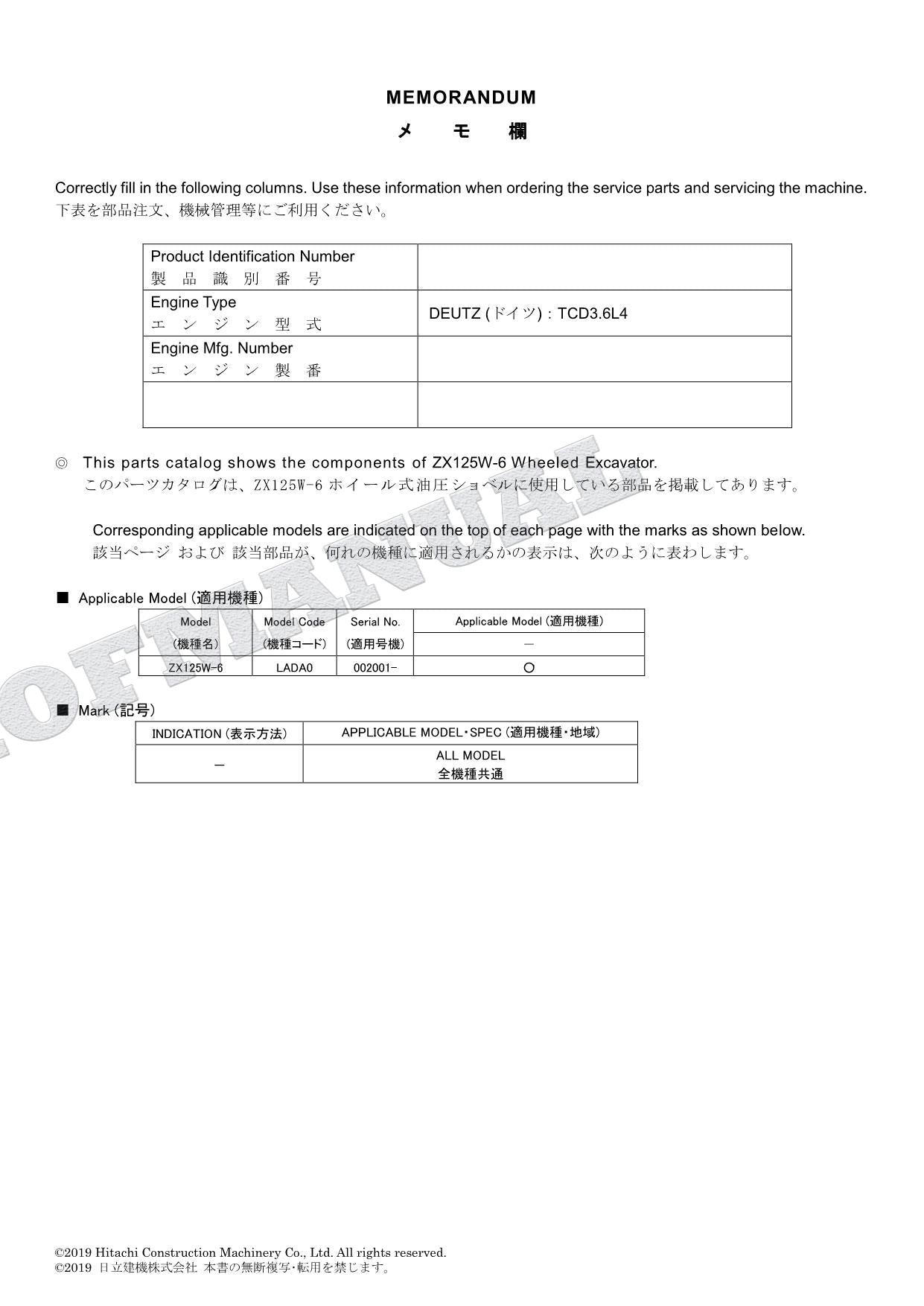 HITACHI ZAXIS ZX125W-6 Wheeled Excavator Parts Catalog Manual