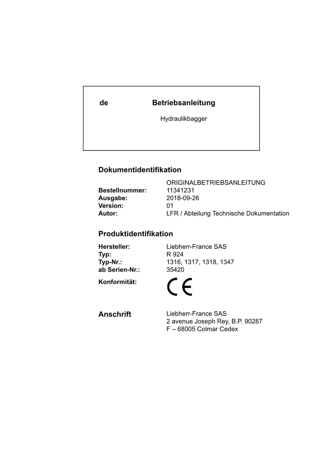 Liebherr R924 Hydraulikbagger Betriebsanleitung ser 35420