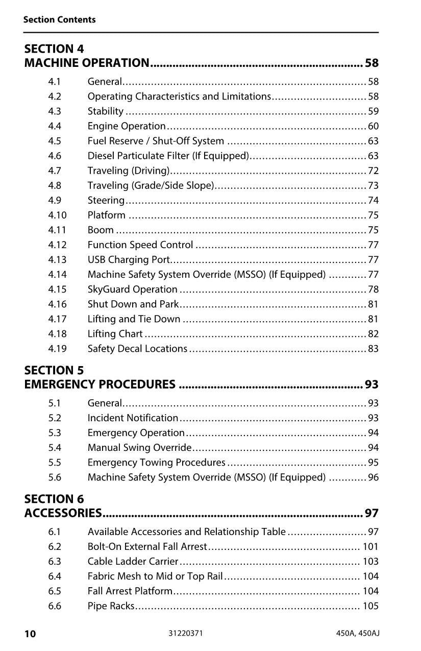Manual del operador de mantenimiento y operación de la plataforma elevadora JLG 450A 450AJ 31220371