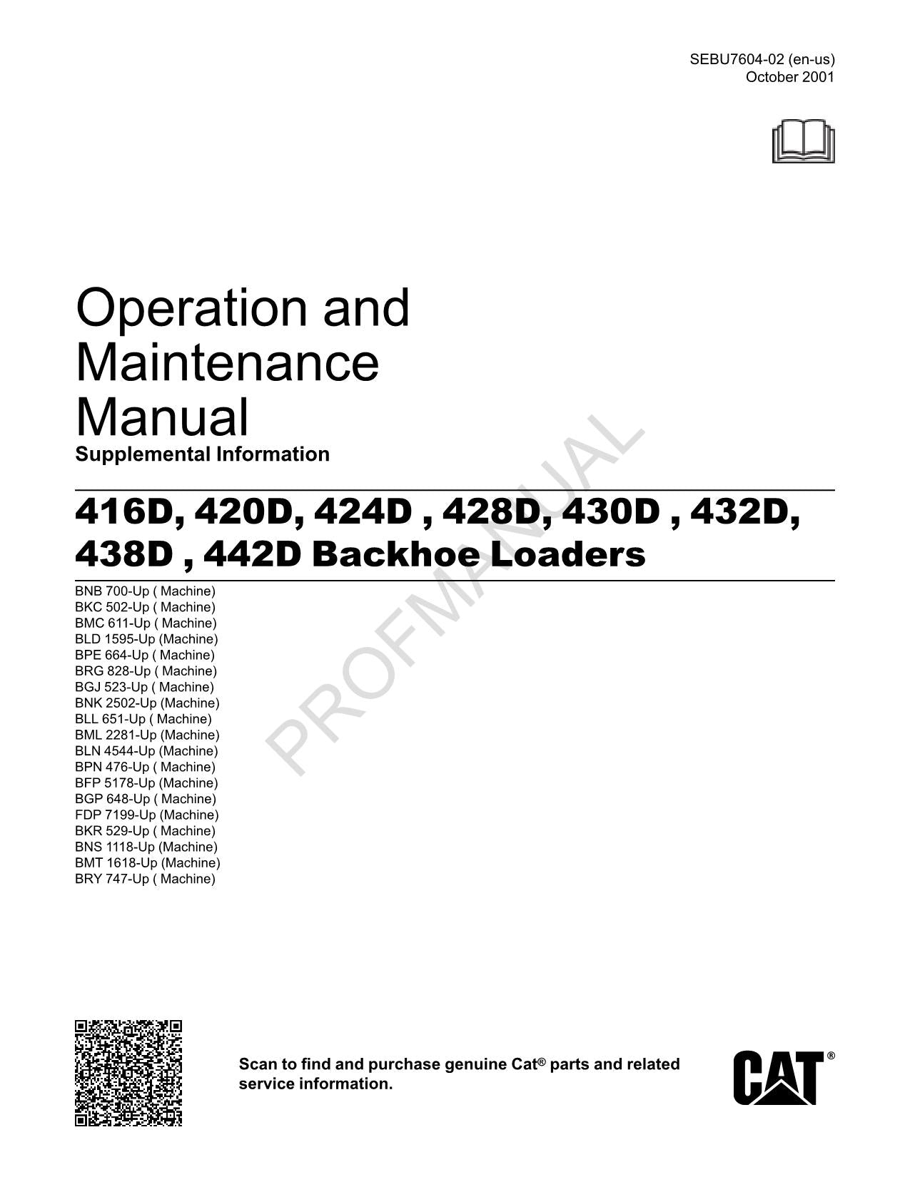 Manual del operador de la retroexcavadora cargadora Caterpillar 430D, 432D, 438D y 442D (suministro) SEBU7604