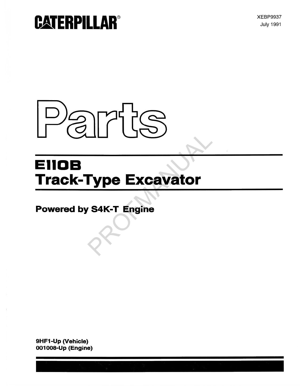 Caterpillar E110B Track Type Excavator Parts Catalog Manual 9HF1-Up 001008-Up