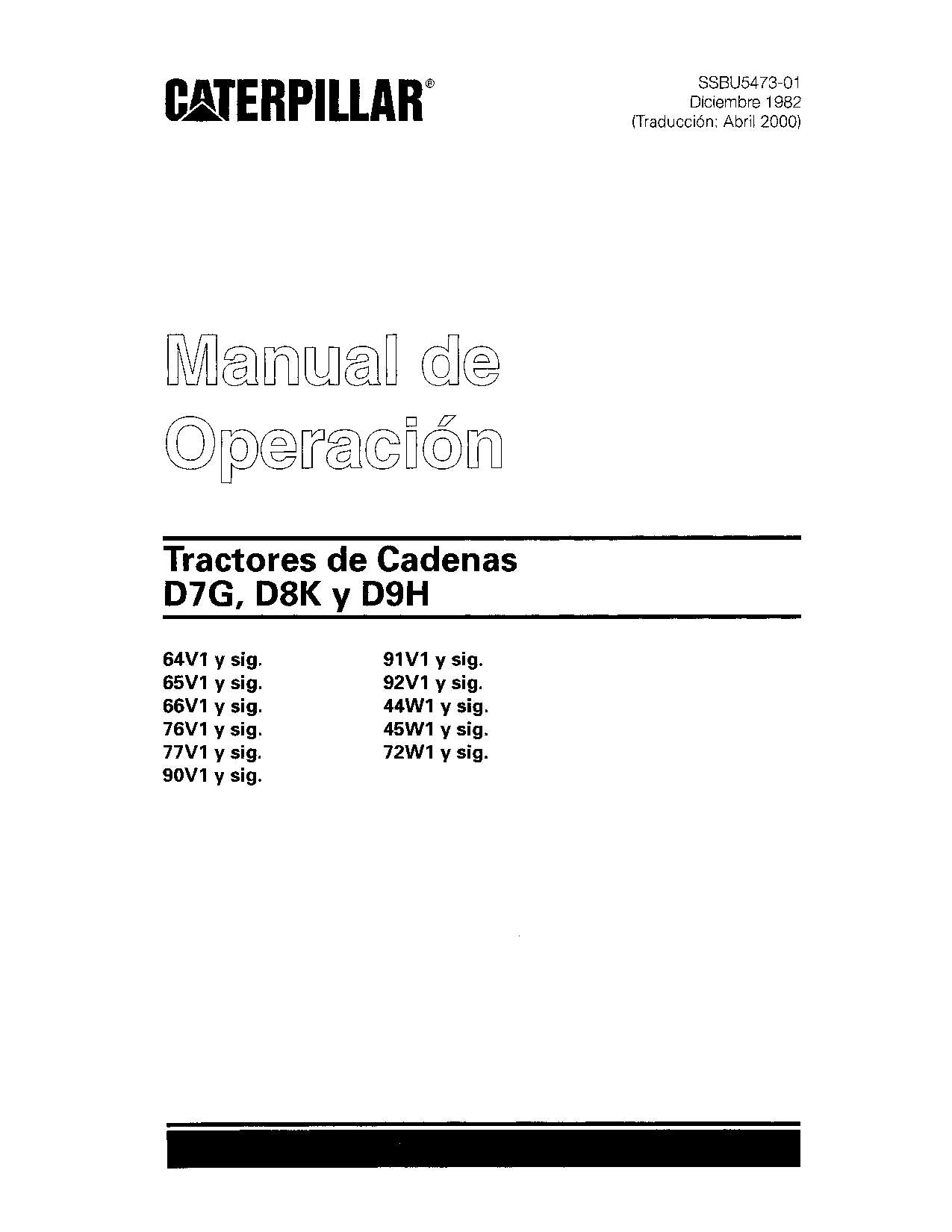 Caterpillar D7G D8K D9H Tractor de Cadenas Manual de Operación y Mantenimiento