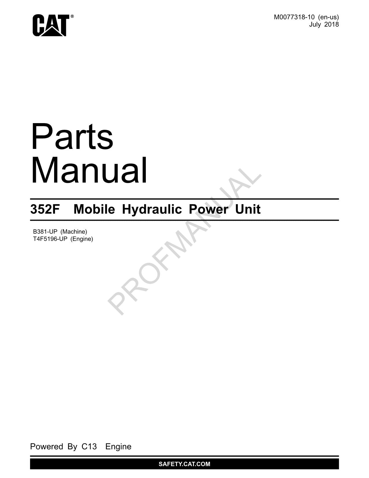 Caterpillar Cat 352F Mobile Hydraulic Power Unit Parts Catalog Manual M0077318