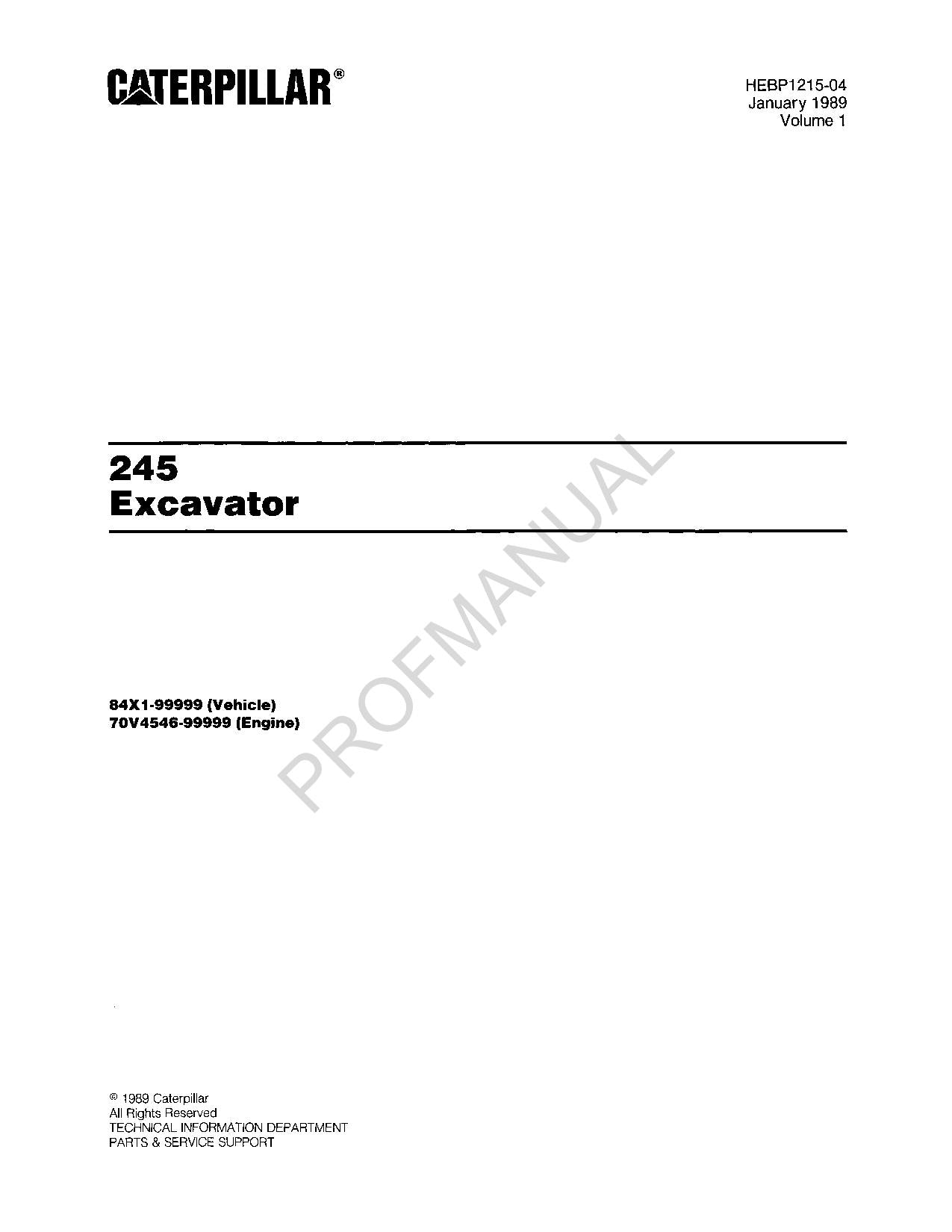 Caterpillar Cat 245 Excavator Parts Catalog Manual ser ser 70V4546-Up 84X1-UP