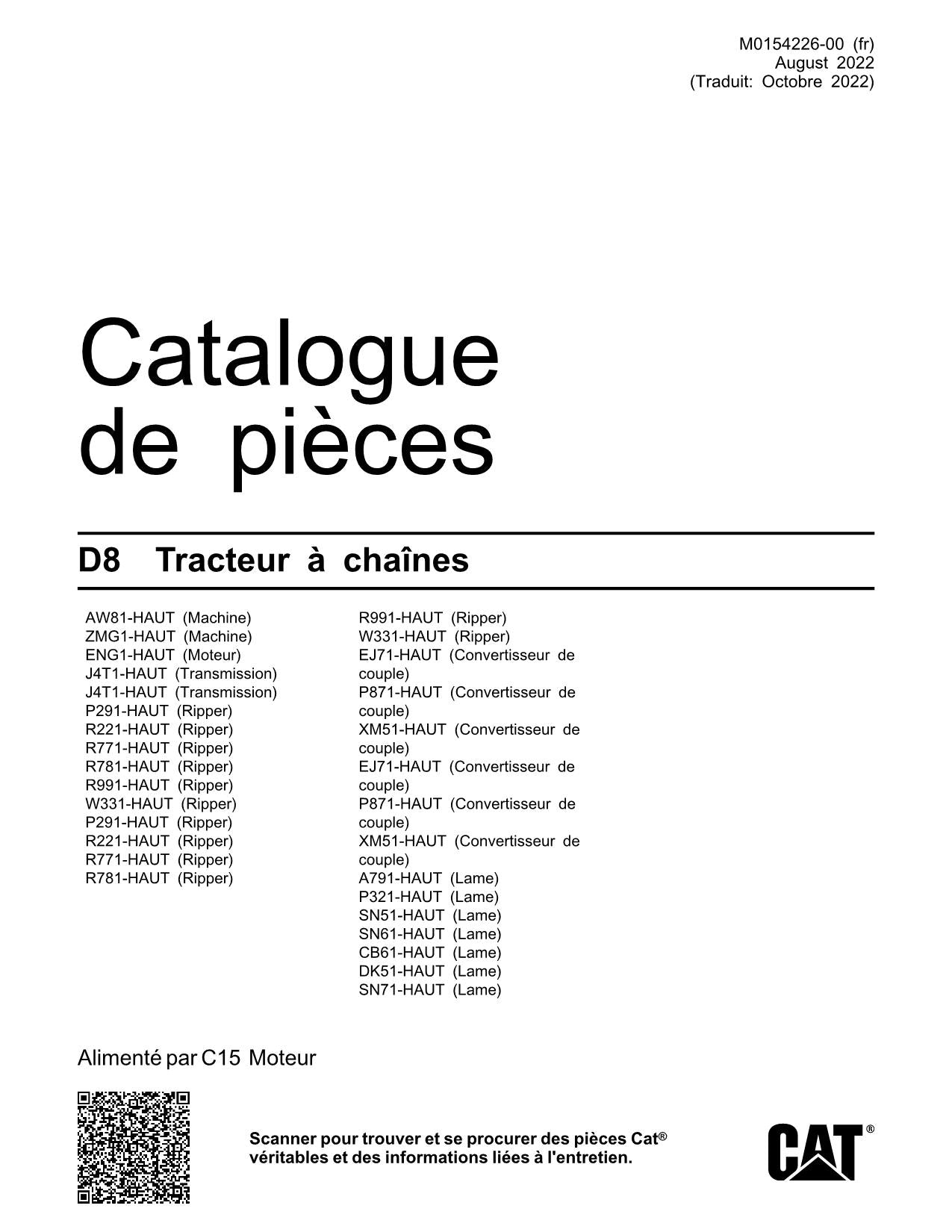 Caterpillar D8 Tracteur Manuel de catalogue de pièces M0154226FR