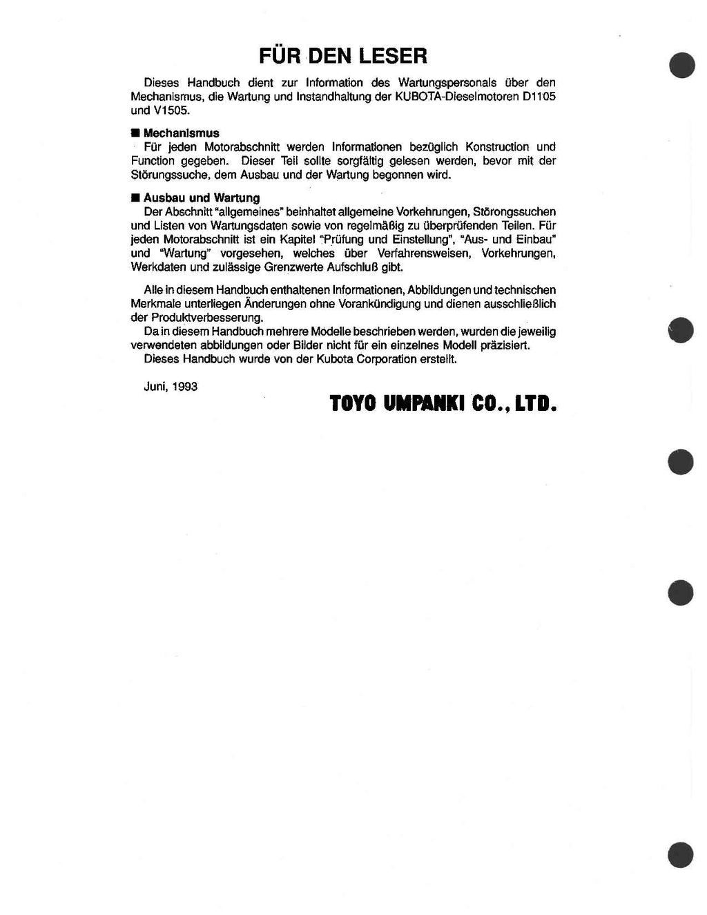 Hitachi ENGINE KUBOTA D1105 V1505 Operators Manual ENG DE FR