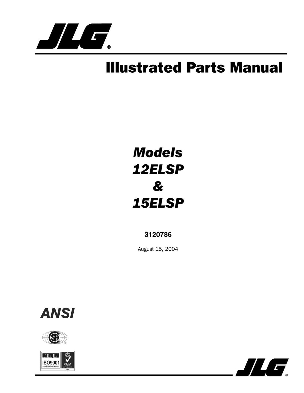 JLG 12ELSP 15ELSP Vertical Mast Parts Catalog Manual