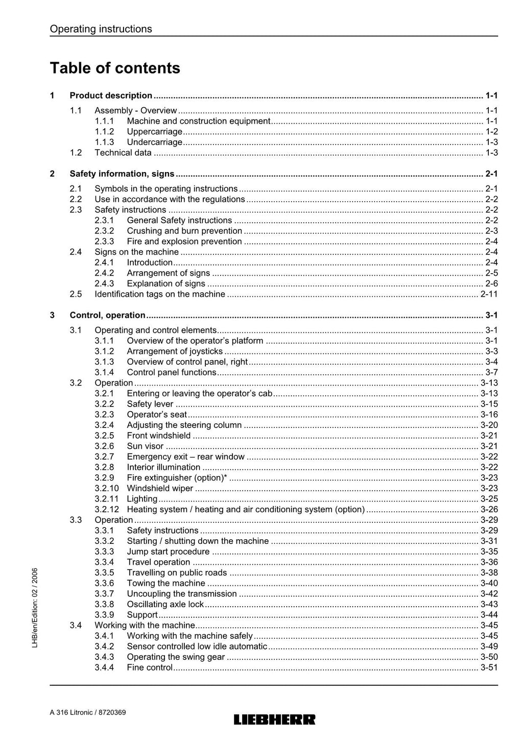 Liebherr A316 Litronic Excavator  Operators manual