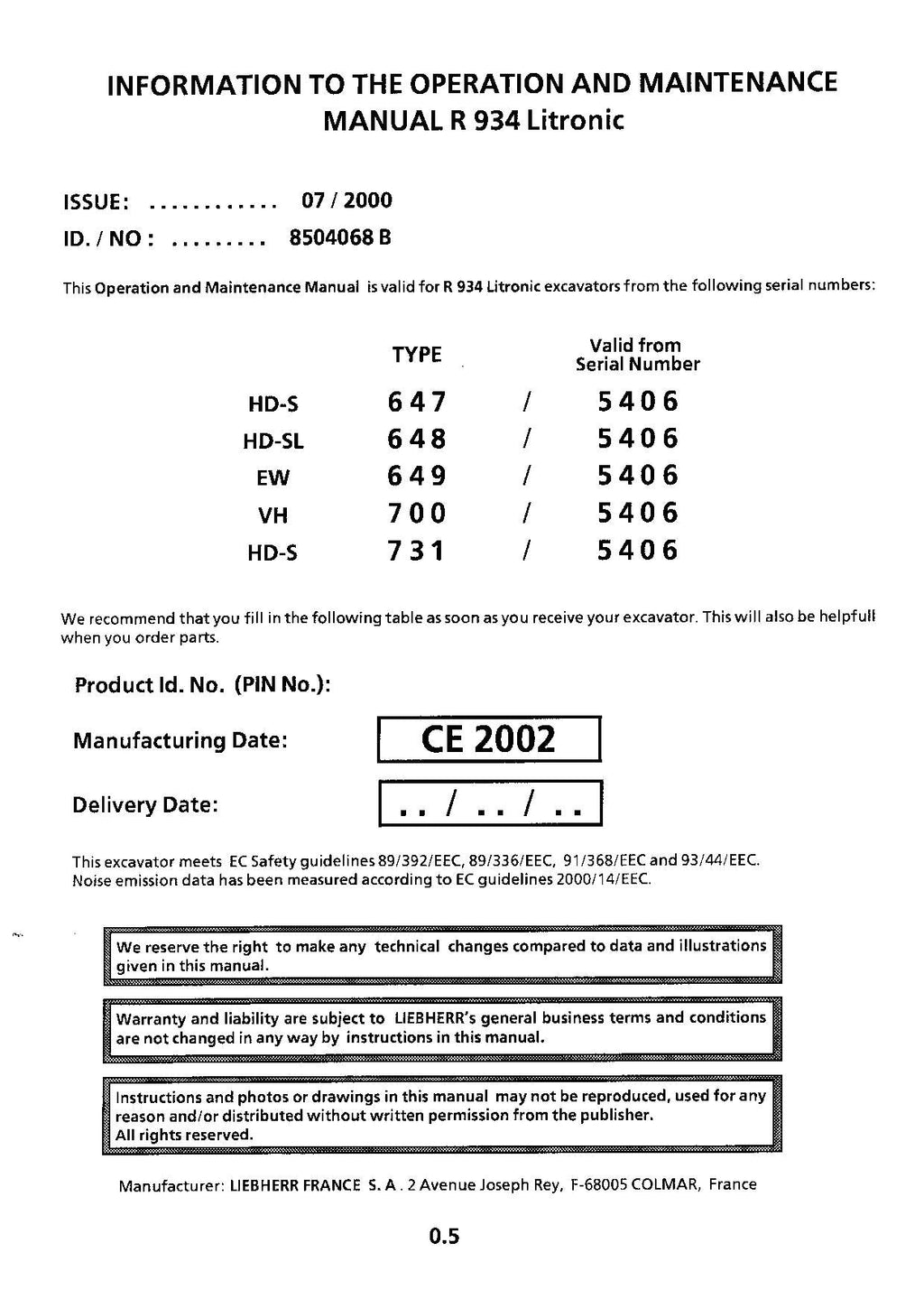 Liebherr R934 Litronic Excavator Operators manual serial 5406