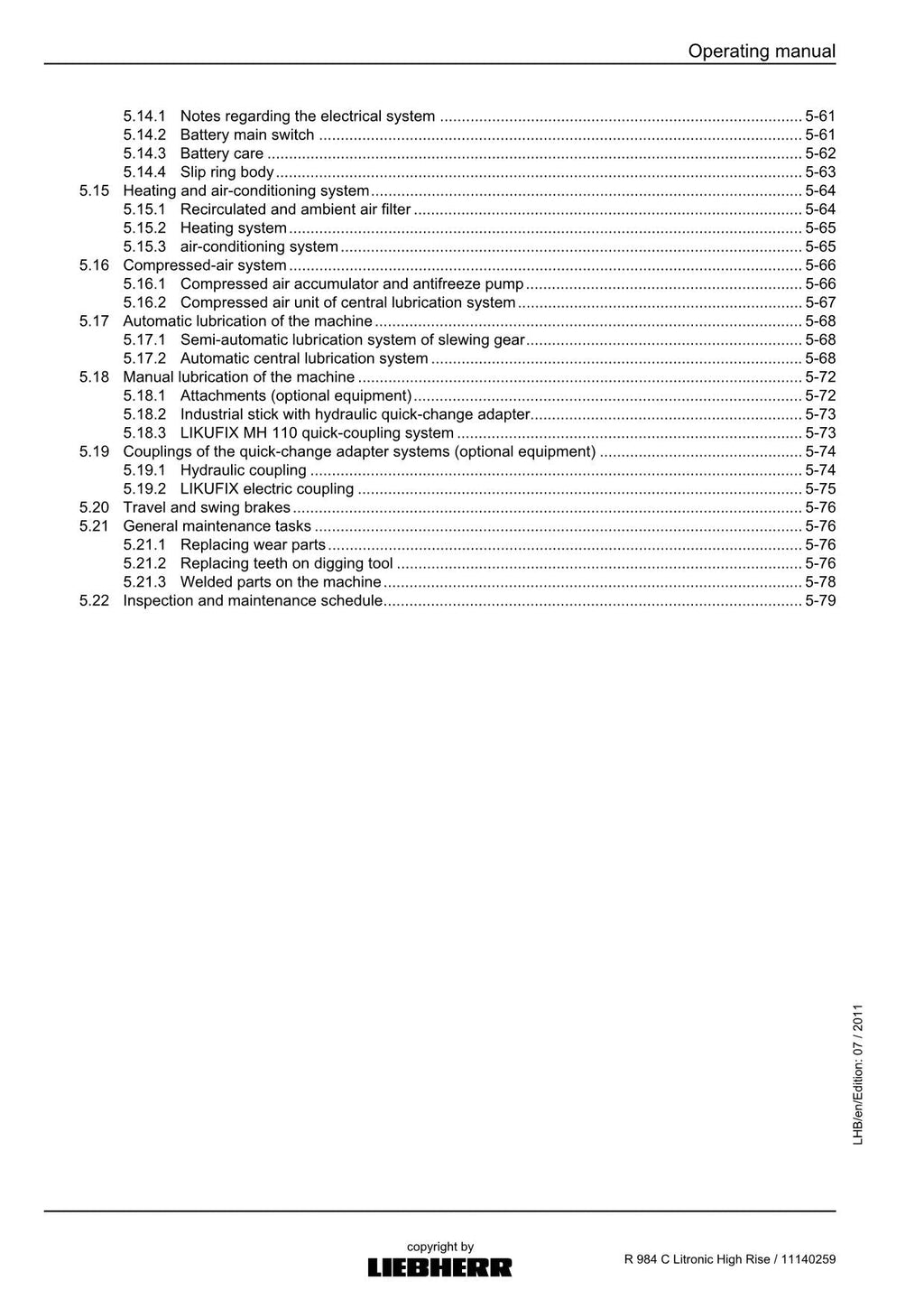 Liebherr R984 C Litronic High Rise Excavator Operators manual