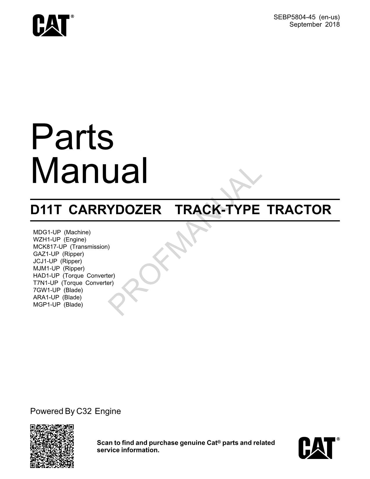 Caterpillar Cat D11T Carrydozer Track Type Tractor Parts Catalog Manual SEBP5804