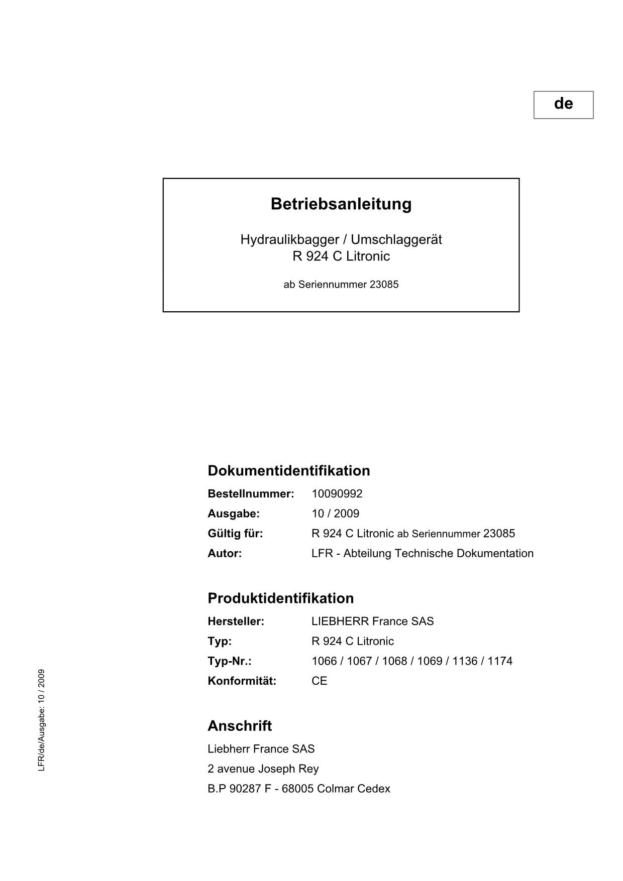 Liebherr R924 Hydraulikbagger Betriebsanleitung ser 23085