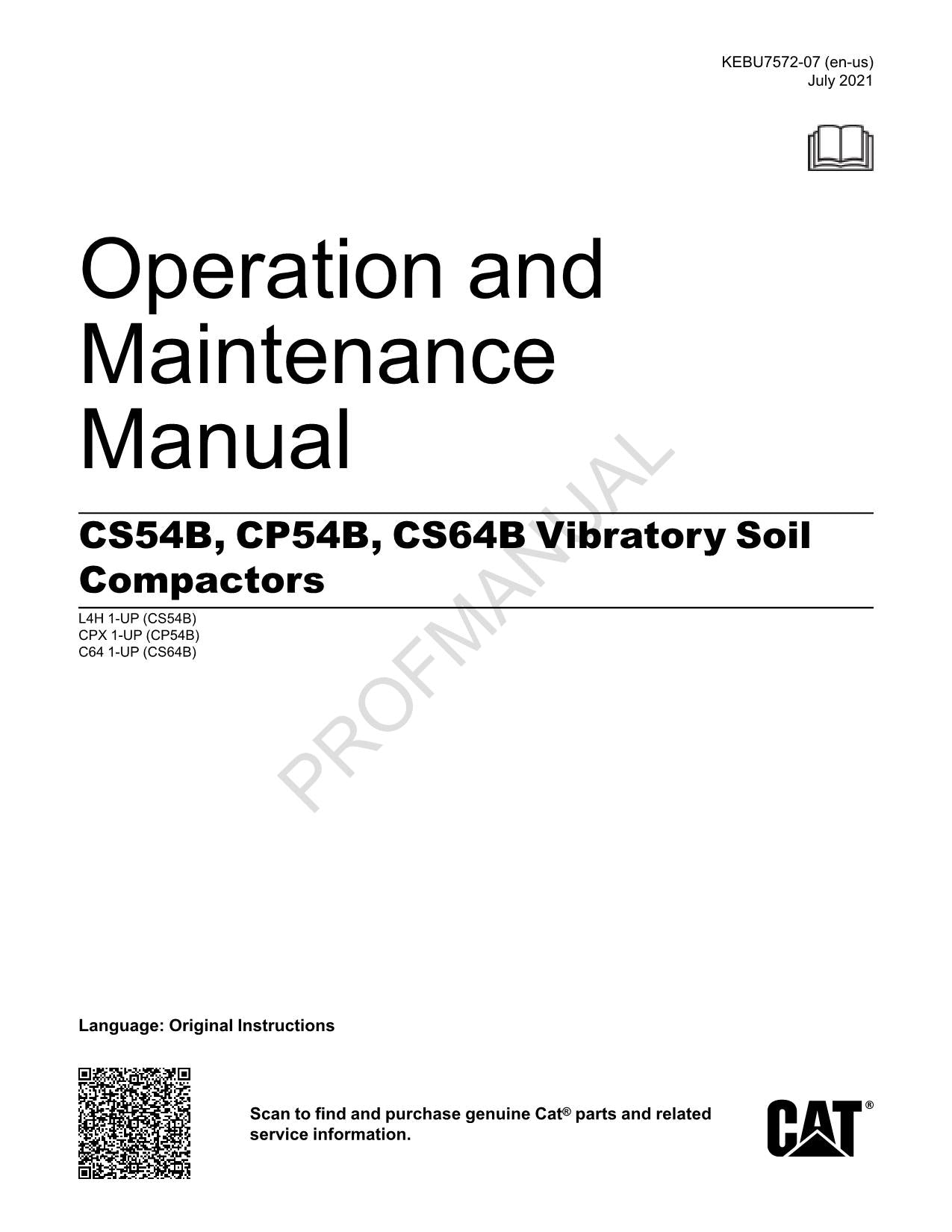 Manual del operador del compactador de suelo vibratorio Caterpillar CP54B, CS54B y CS64B (KEBU7572)