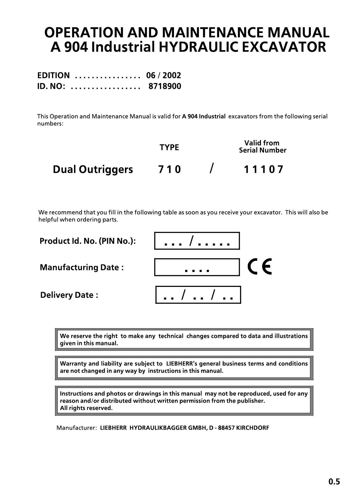 Liebherr A904 Industrie Excavator Operators manual