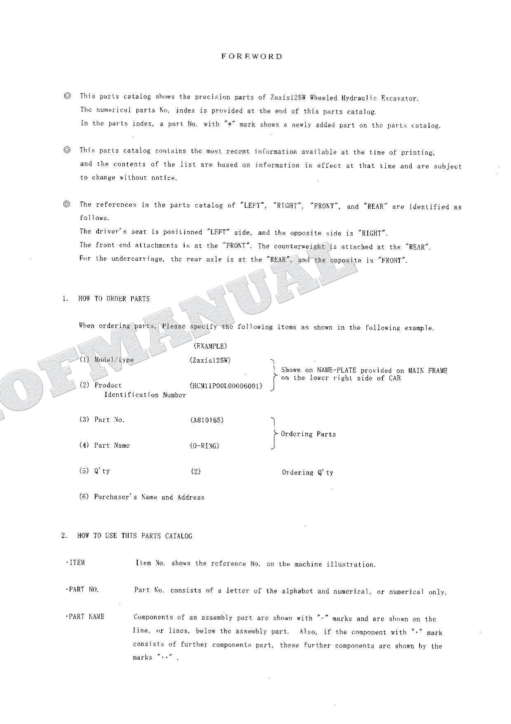 HITACHI ZAXIS ZX125W Equipment Component Excavator Parts Catalog Manual