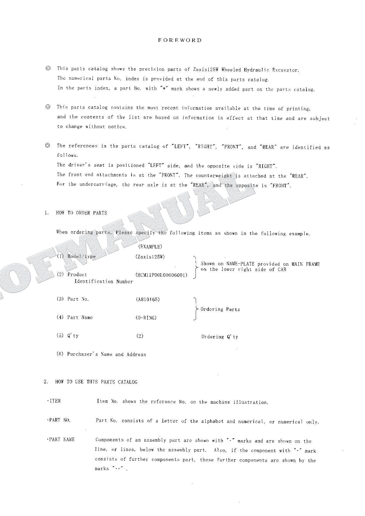 HITACHI ZAXIS ZX125W Equipment Component Excavator Parts Catalog Manual