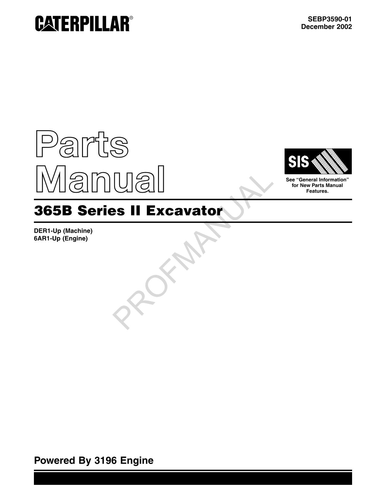 Caterpillar Cat 365B Series II Excavator Parts Catalog Manual ser DER JMB