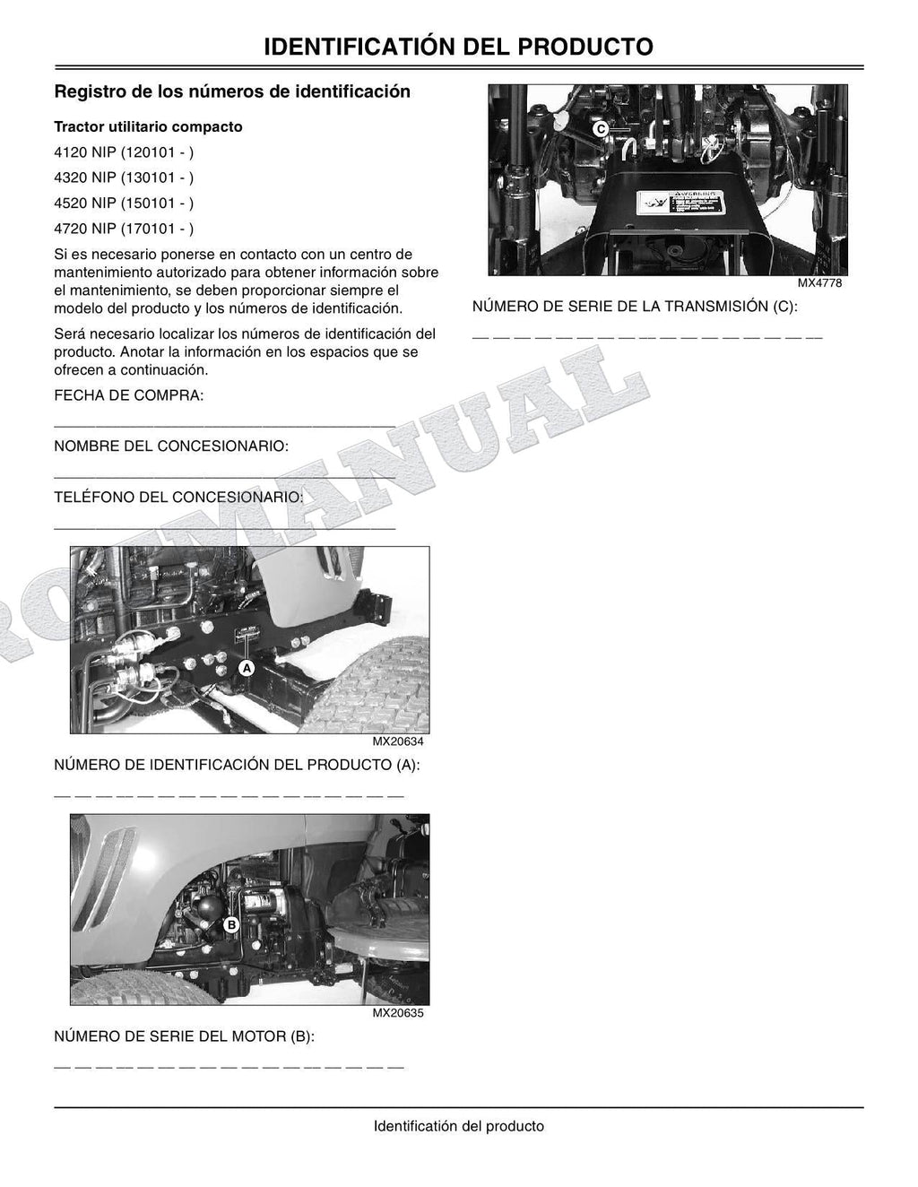 John Deere SN 4120 120101-610000 4320 130101-610000 Tractor Manual del Operador
