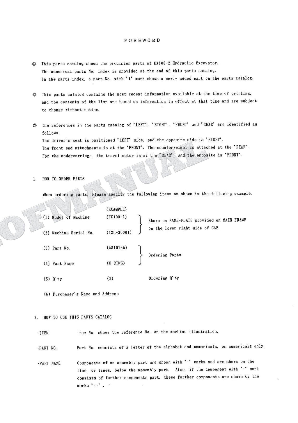 HITACHI EX100-2 Equipment Component Excavator Parts Catalog Manual
