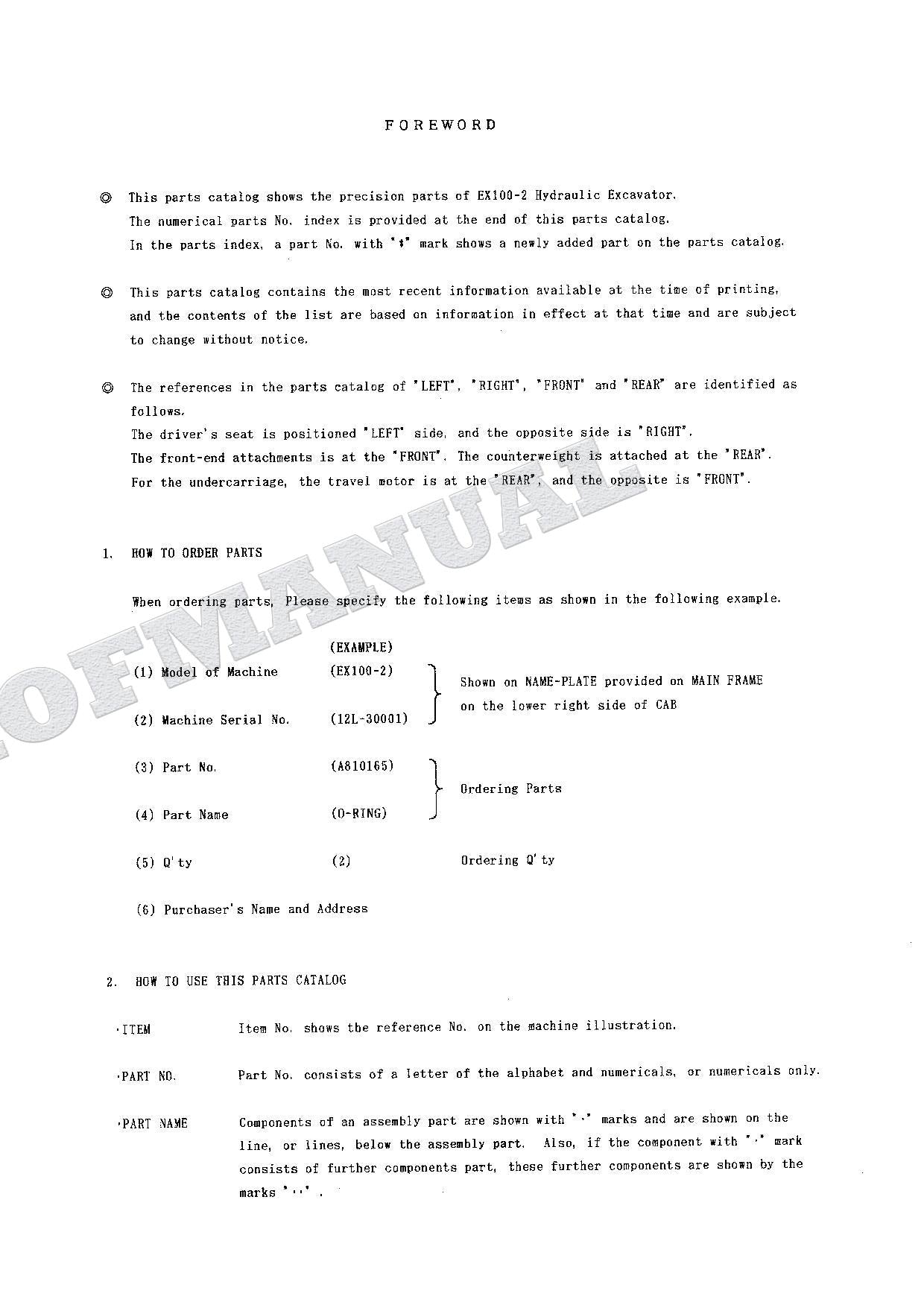 HITACHI EX100-2 Equipment Component Excavator Parts Catalog Manual