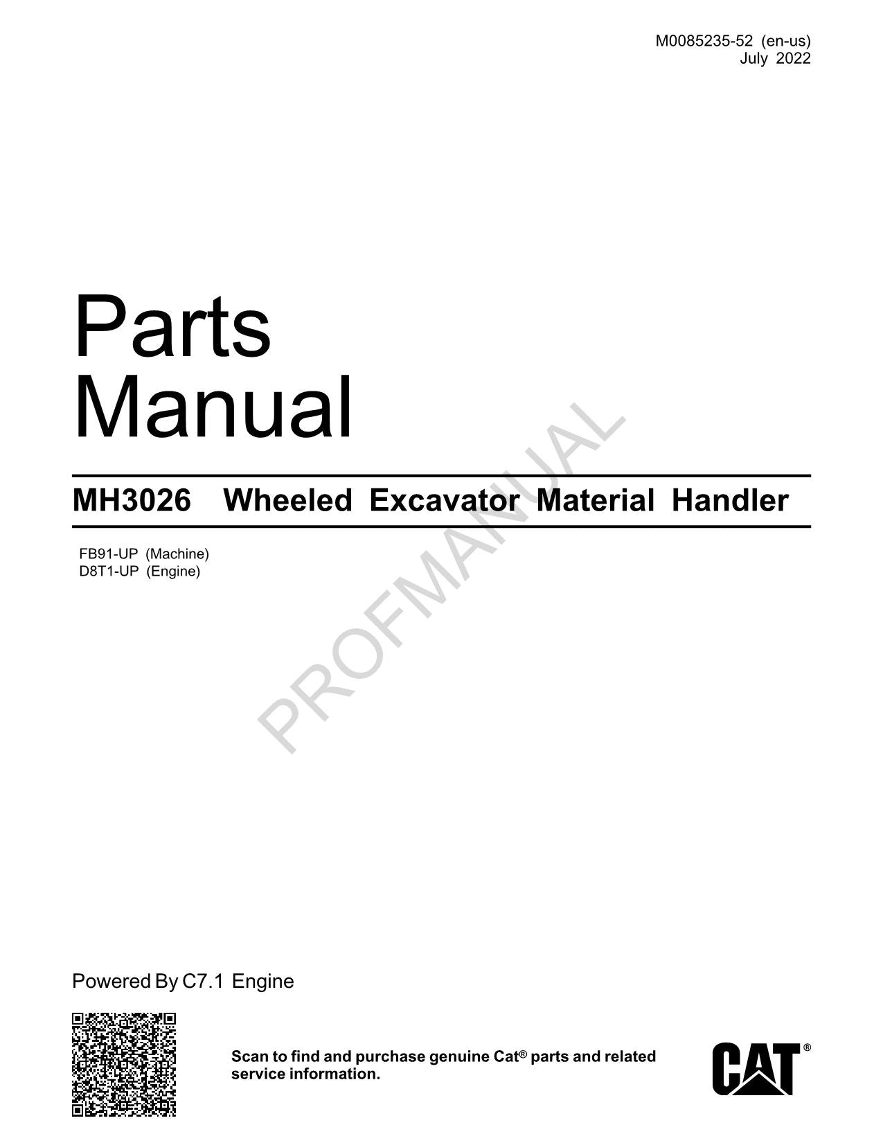 Caterpillar Cat MH3026 Wheeled Excavator Material Handler Parts Catalog Manual