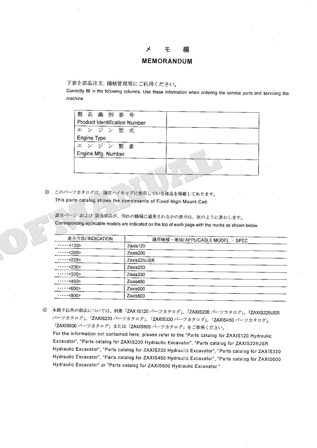 HITACHI ZX120 ZX200 ZX225USR Fixed High-Mount Cab Excavator Parts Catalog Manual
