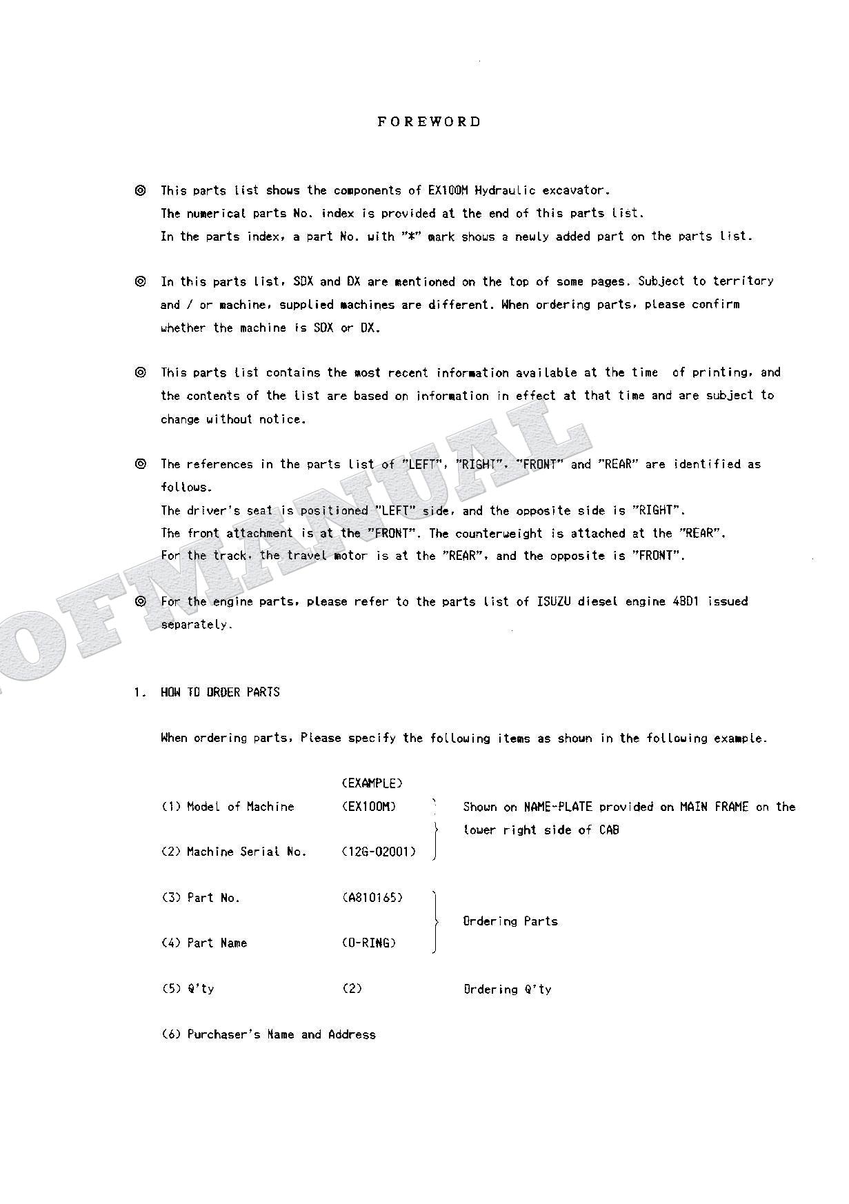 HITACHI EX100M Excavator Parts Catalog Manual SN 02001-