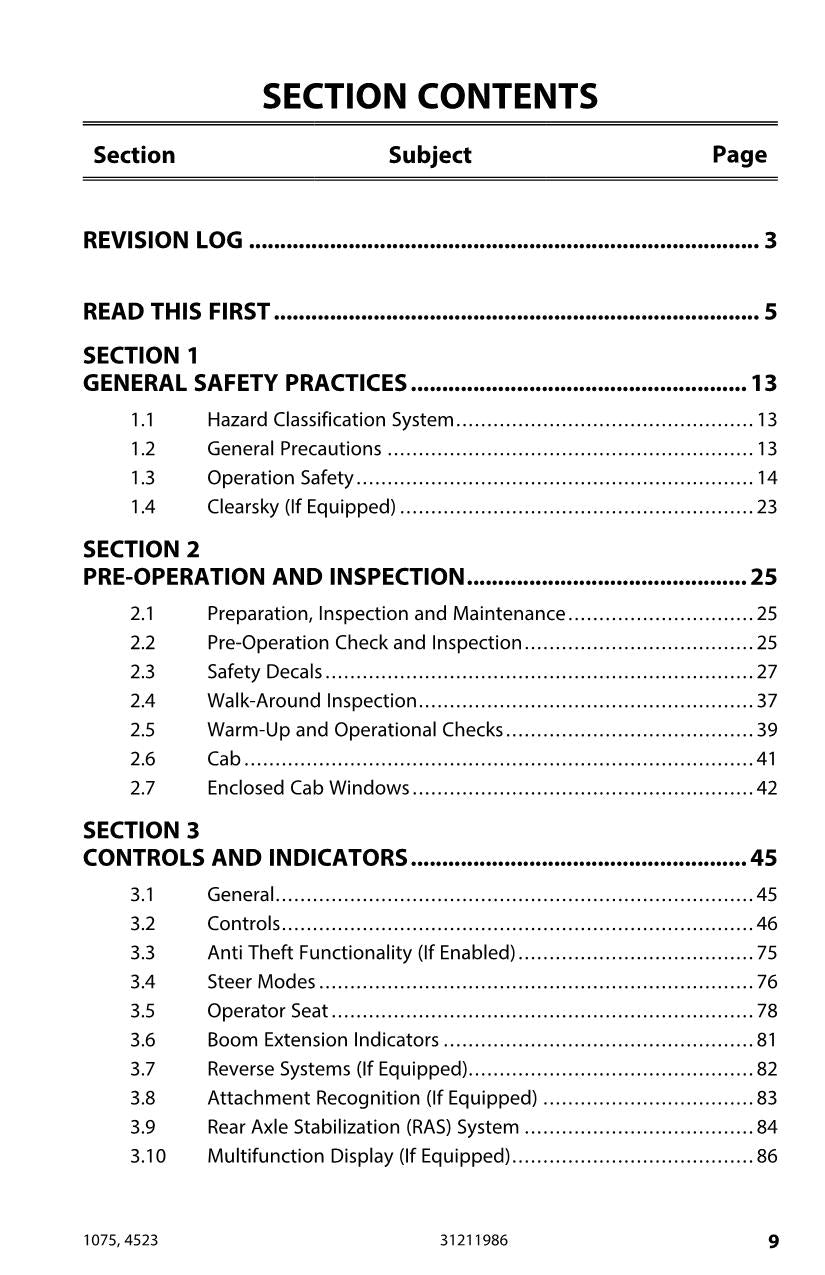 JLG 1075 4523 Telehandler Maintenance Operation Operators Manual 31211986