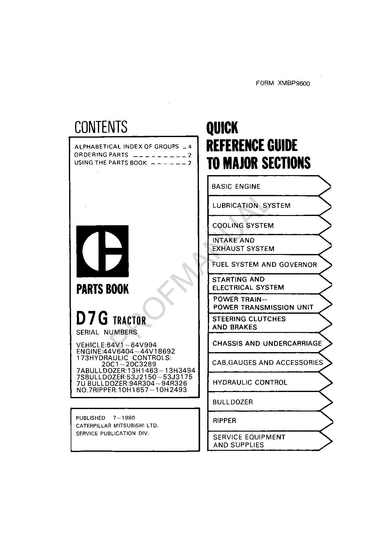 Caterpillar Cat D7G Tractor Parts Catalog Manual XMBP9600