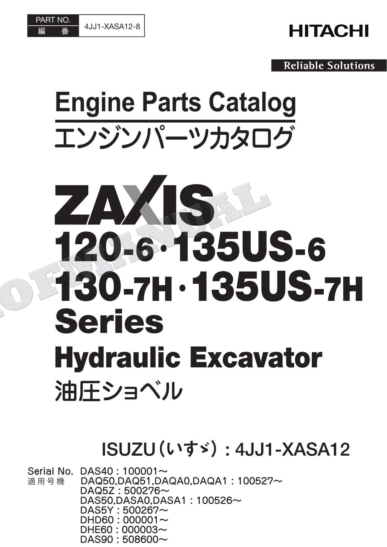 HITACHI ZX120-6 ZX135US-6 Series ISUZU 4JJ1-XASA12 Engine Parts Catalog Manual