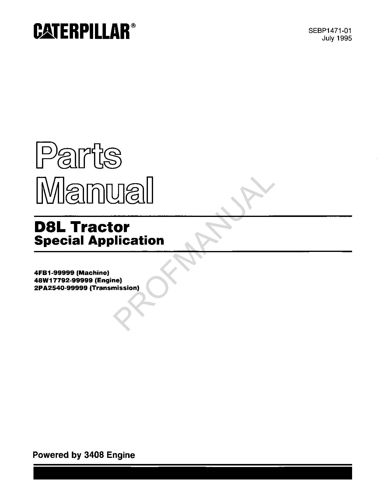 Caterpillar Cat D8L Tractor Special Aplication Parts Catalog Manual SEBP1471