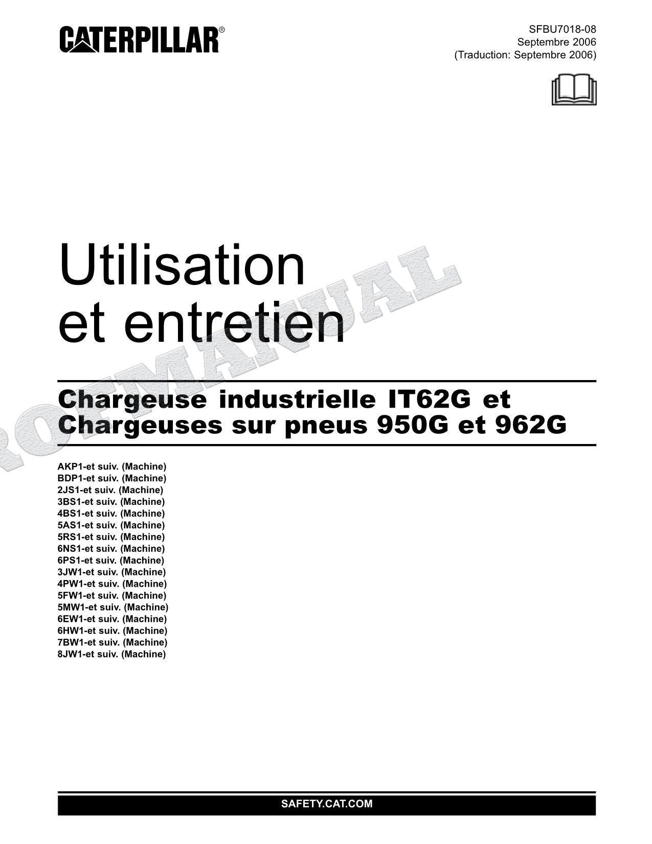 Caterpillar IT62G 950G 962G Chargeuse sur pneus Manuel D'Opération