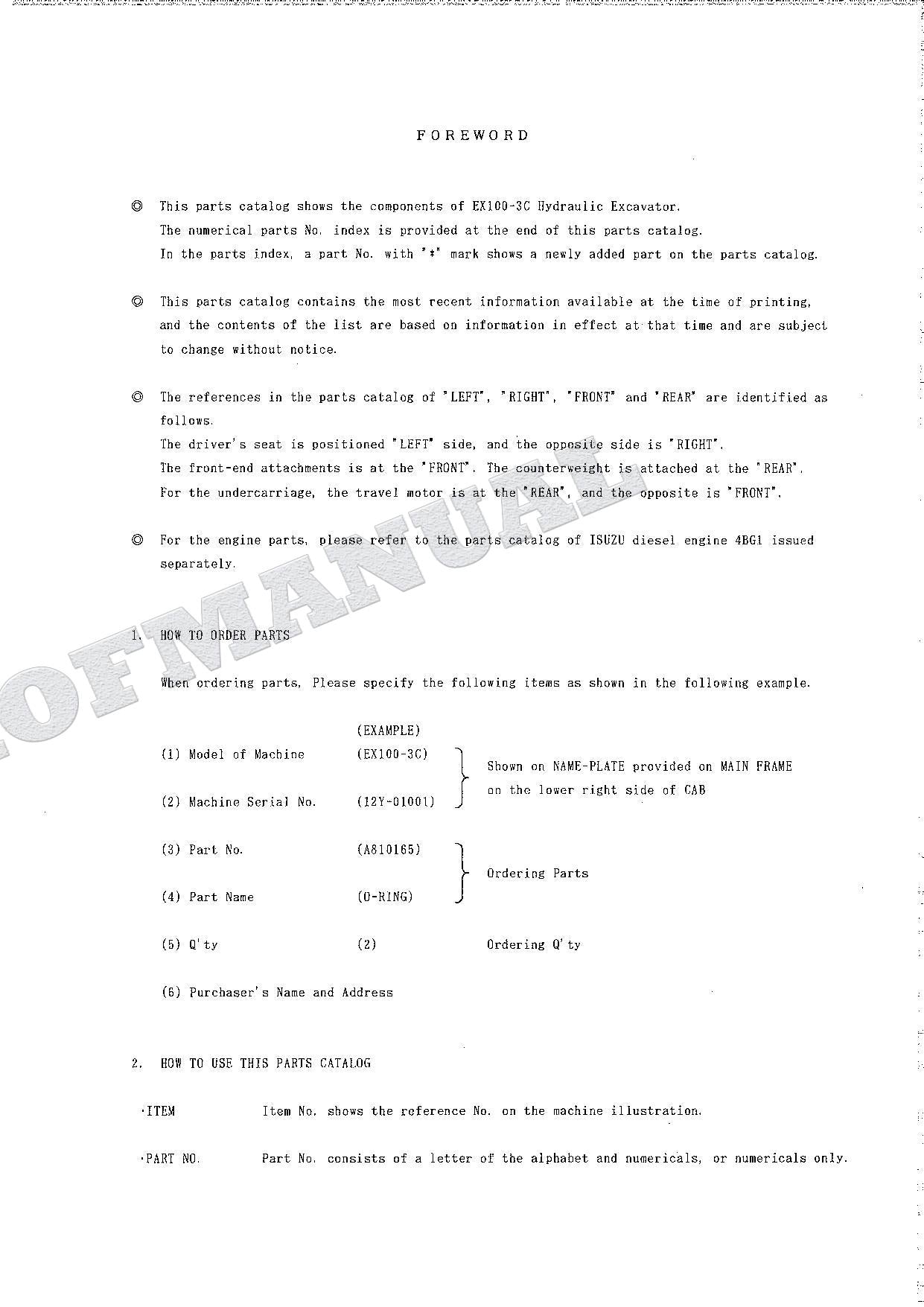 HITACHI EX100-3C Excavator Parts Catalog Manual SN 01001-