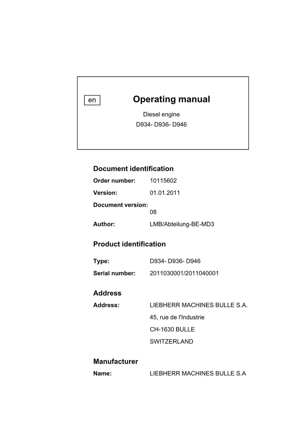 Liebherr D934 - D936 - D946 engine Operators manual