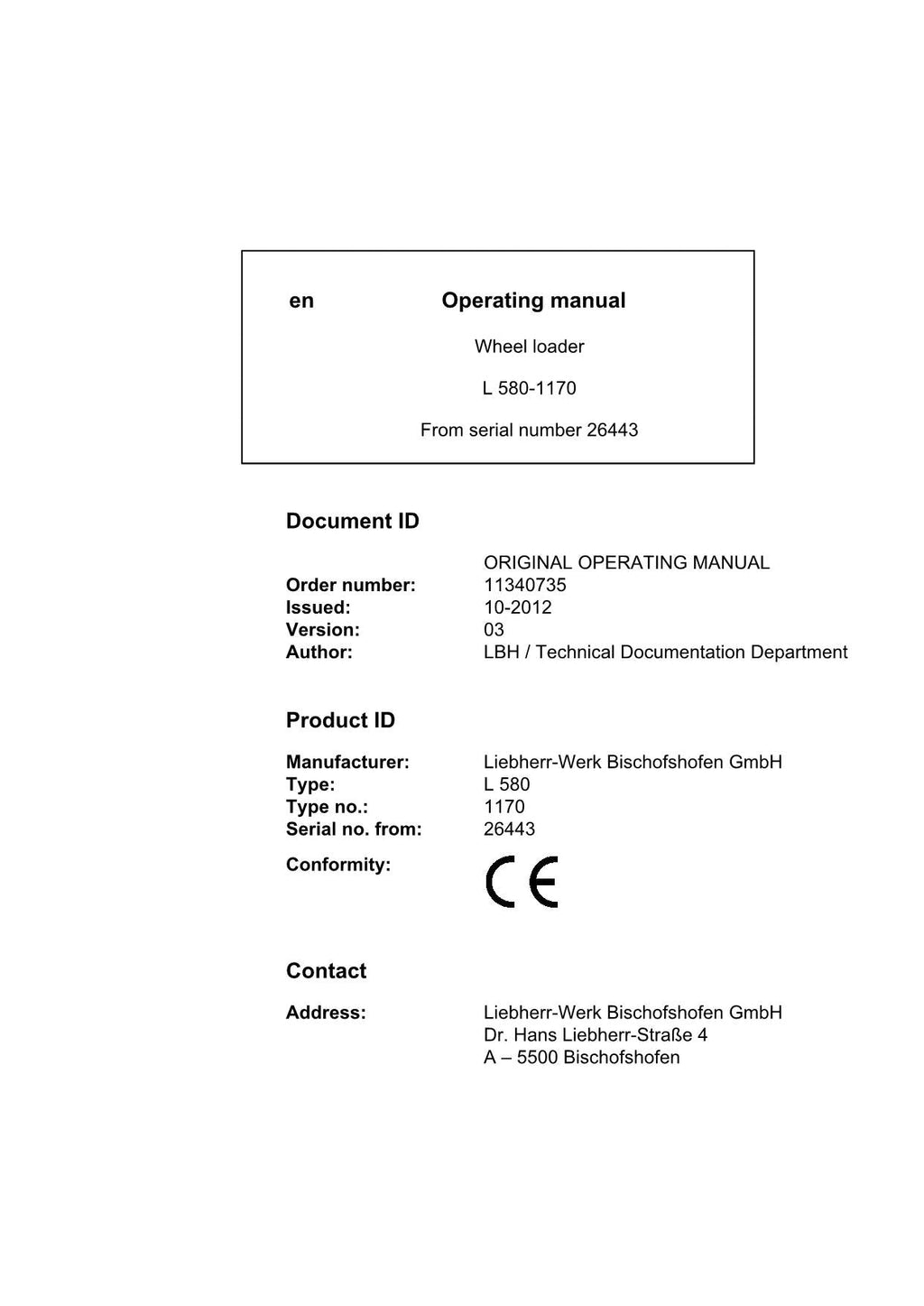 Liebherr L580-1170 Wheel Loader Operators manual