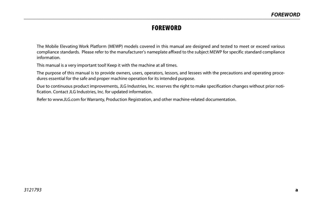 JLG ES1330L ES1530L Scissor Lift Maintenance Operation Operators Manual 3121793