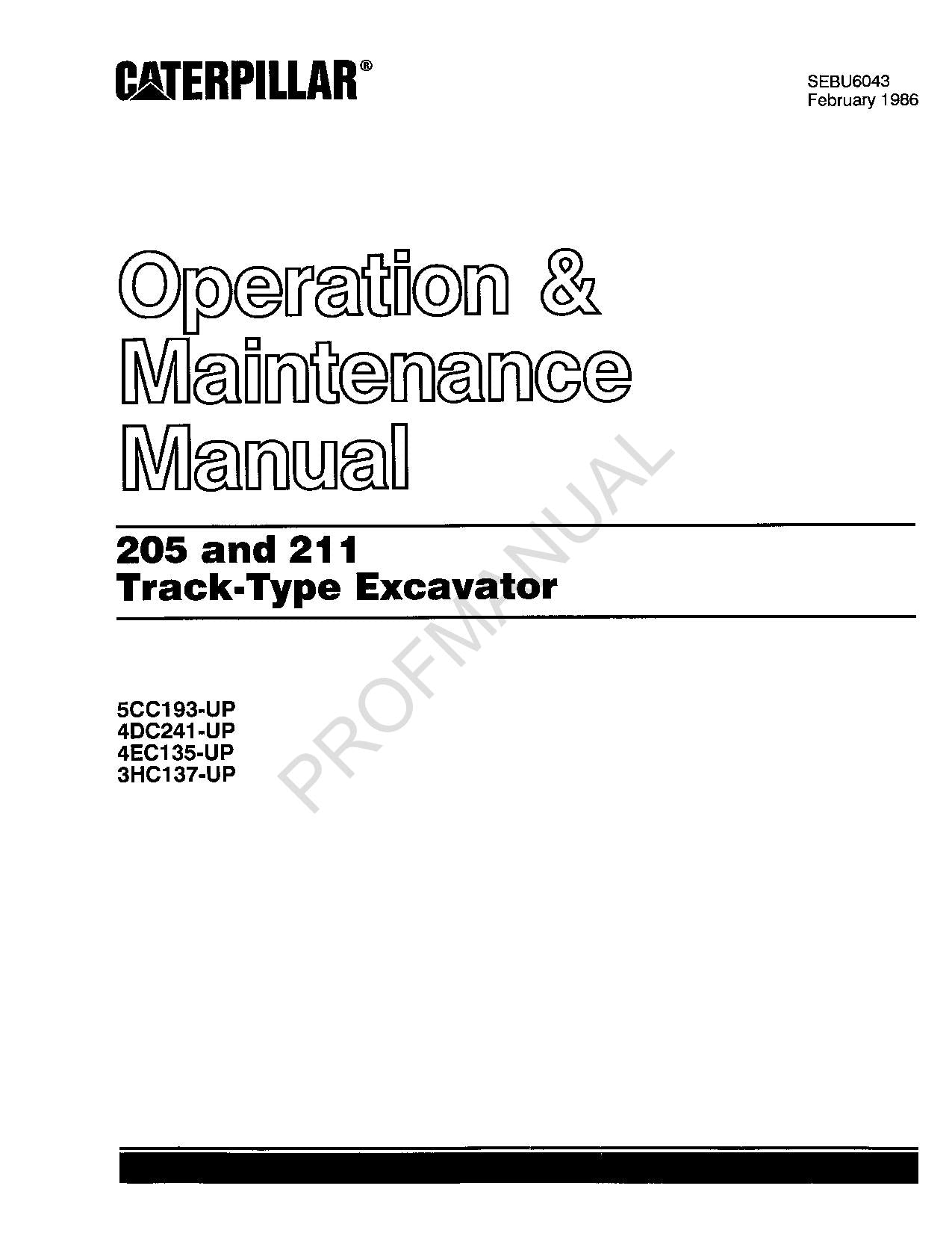 Manual de mantenimiento del operador de excavadora de cadenas Caterpillar 205-211 SEBU6043