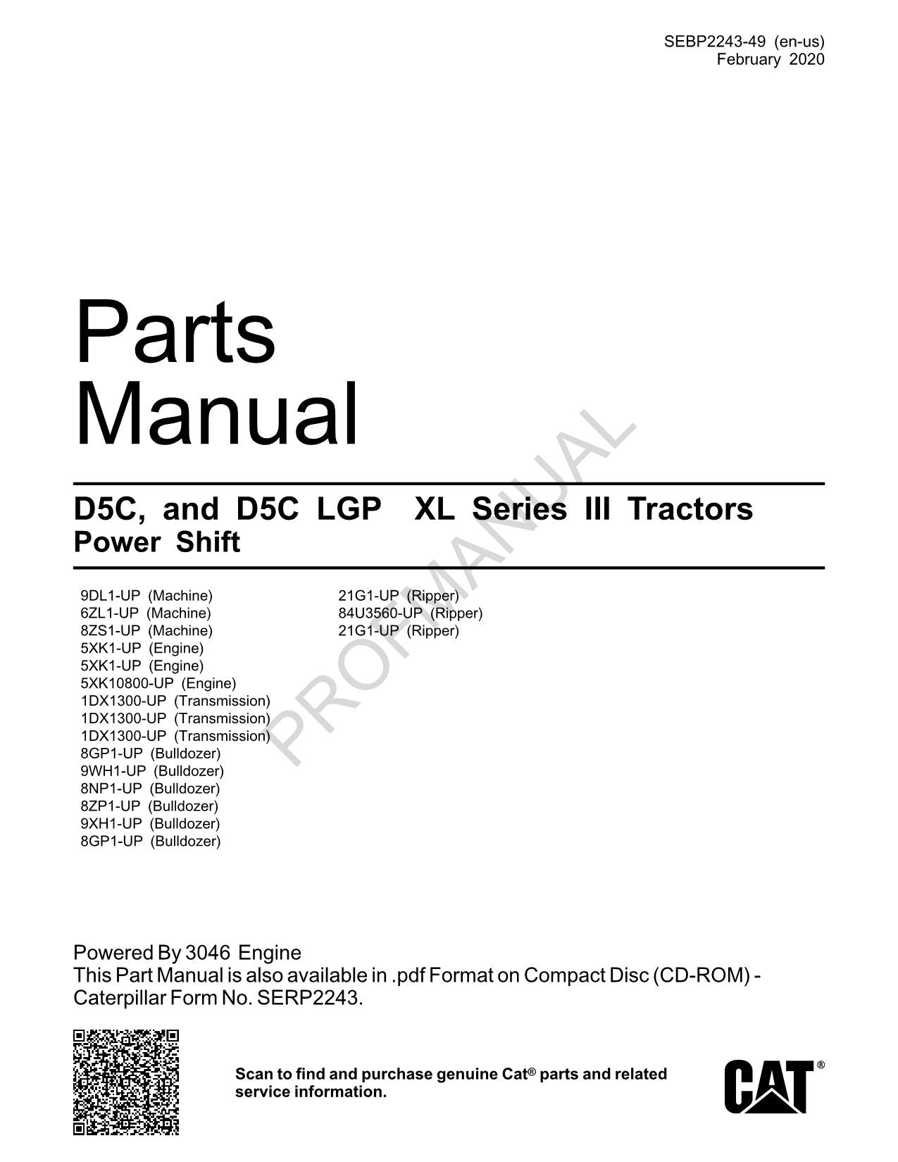 Caterpillar Cat D5C D5C Lgp XL Series III Tractor Parts Catalog Manual